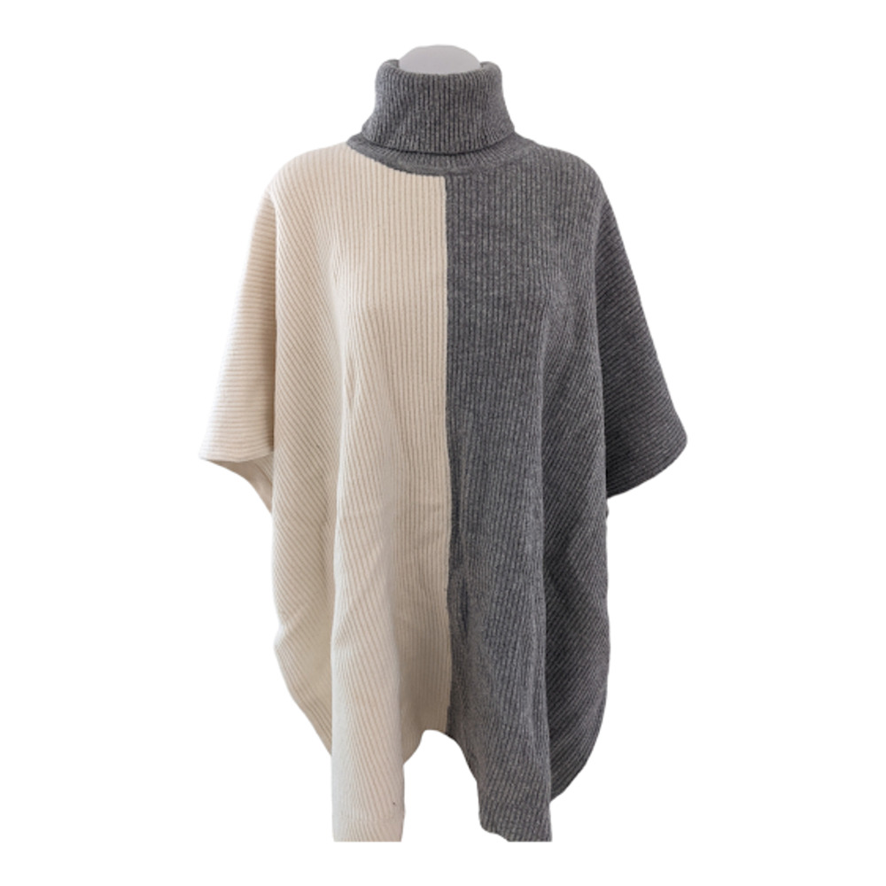 CO Womens Size XS/S Turtleneck Poncho Cape Tan Gray 100% Wool Ribbed Colorblock
